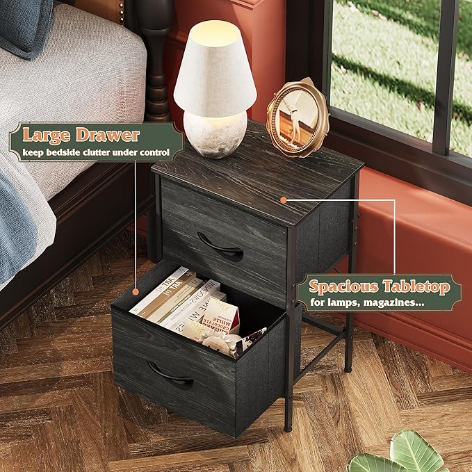 WLIVE Nightstand, Nightstand with 2 Drawers, Bedside Furniture, Night Stand, Small Dresser for Bedroom, College Dorm, End Table with Fabric Bins, Dormitory, Charcoal Black Wood Grain Print, Size L