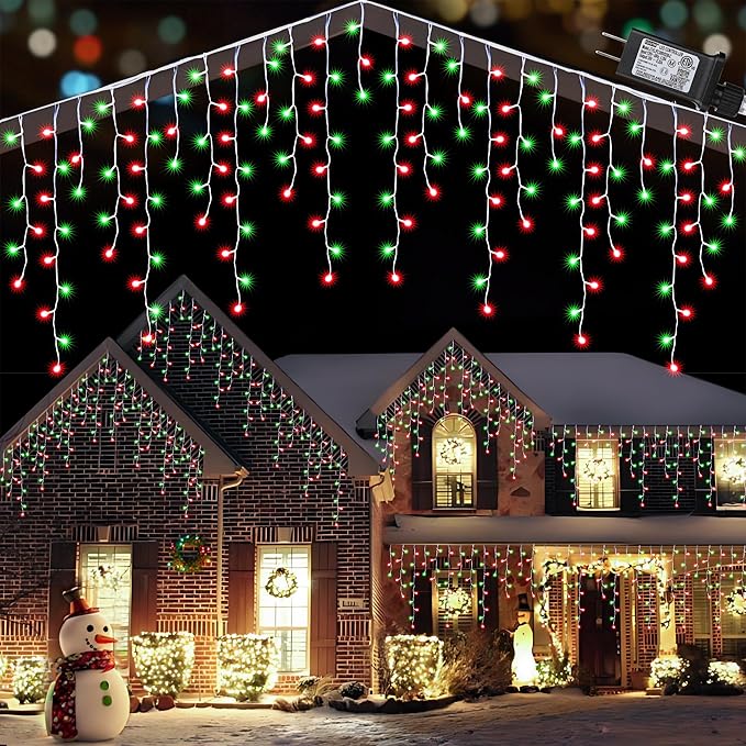 Toodour Red & Green Christmas Icicle Lights, 29.5ft 360 LED Icicle Lights, 8 Modes, 60 Drops, Window Curtain Led Christmas Light, Icicle Twinkle Light for Eaves, Party, Wedding, Xmas Decorations