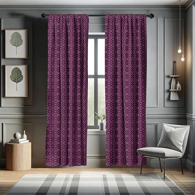 Ambesonne Lattice Window Curtains, Abstract Symmetric Pattern with Geometric Elements in Pink Color Shade, Lightweight Decor 2-Panel Set with Rod Pocket, Pair of - 28" x 63", Brown Magenta