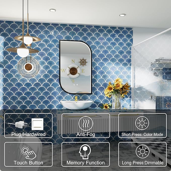 22x36 Inch LED Bathroom Mirror, Adjustable 3000K/4500K/6000K, Irregular Black Frame Lighted Bathroom Vanity Mirror with Lights, Stepless Dimmable, Anti-Fog, Wall Mounted