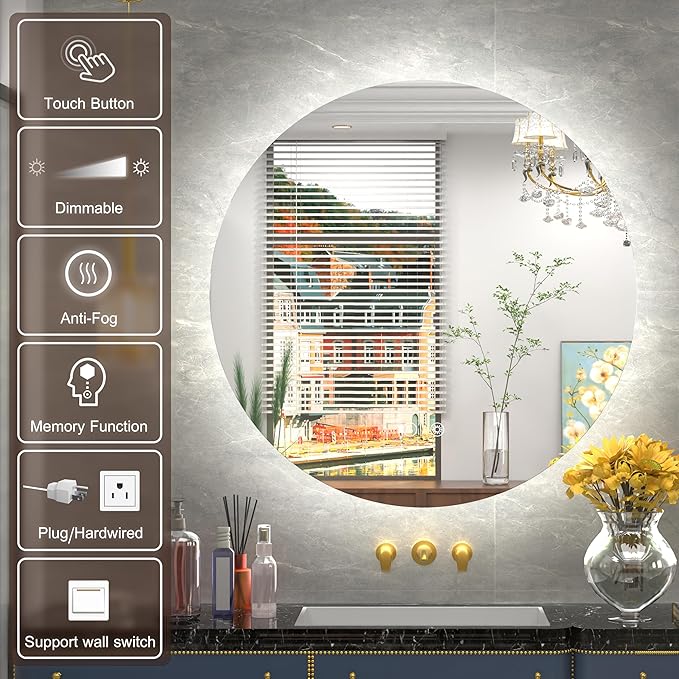 36 Inch Round LED Mirror, Backlit Bathroom Mirror with Lighted, Large Circle Vanity for Wall, Dimmable, Built-in Defoggers, 3000K/4500K/6000K