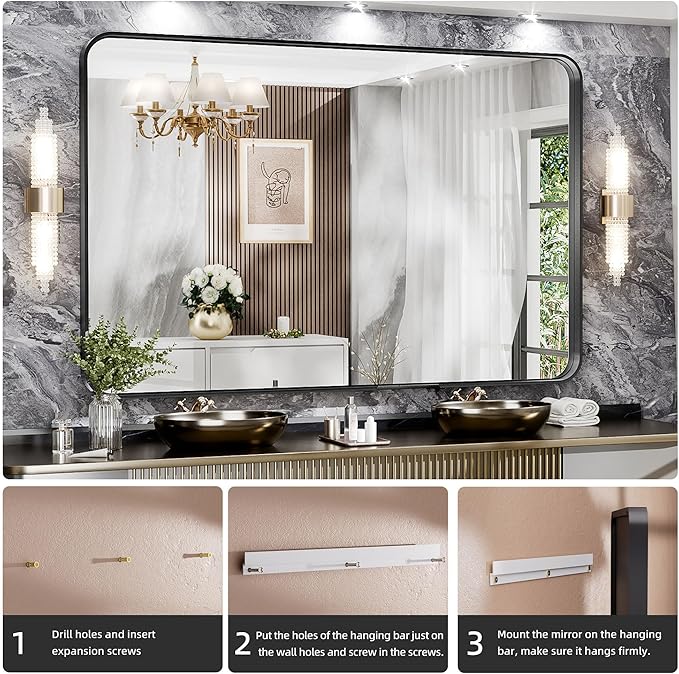 Hasipu Black Bathroom Wall-Mounted Mirror 59x39 Inch Rounded Rectangle Vanity Mirror Metal Framed Wall Mirrors Anti-Rust Surface Mount (Hangs Horizontal or Vertical)