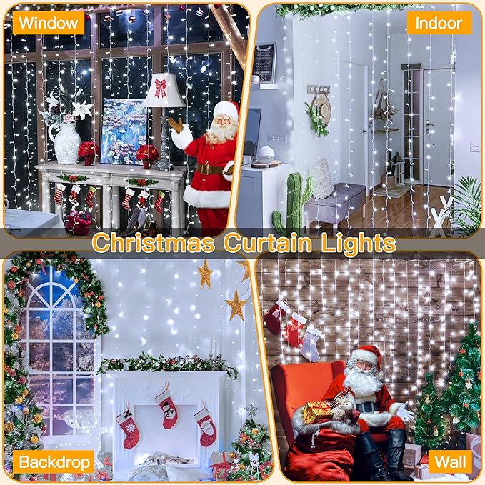 Ollny Curtain Lights 6.6x6.6ft, 200 LED White Christmas Lights with Remote 8 Modes Dimmable Timer, USB Power String Light for Bedroom Backdrop Indoor Window Wedding Decorations