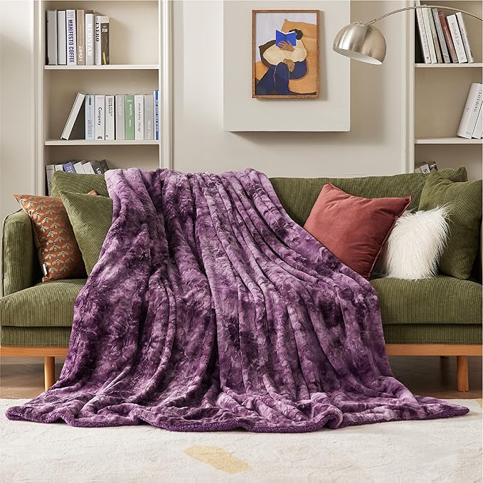 Bedsure GentleSoft Sherpa Fluffy Blanket Queen Size for Bed - Fleece Warm and Cozy for Women Gift, Plush & Fuzzy Faux Christmas Fur Blanket for Couch, Sofa Decor, Tie Dye Design, Purple, 90x90 Inches