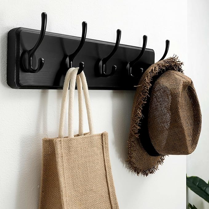 SKOLOO Rustic Wall Mounted Coat Rack, Case of 2, Pine Solid Wood Coat Hook Hanger - 5 Hooks for Hanging Clothes Robes Towels Coats