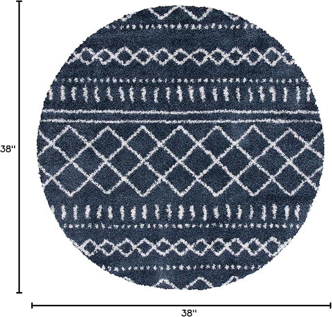 SAFAVIEH Arizona Shag Collection Area Rug - 3'2" Round, Slate Blue & Ivory, Moroccan Design, 1.6-inch Thick, Non-Shedding, Ideal for High Traffic Areas in Living Room, Bedroom, Dining (ASG741L-3R)