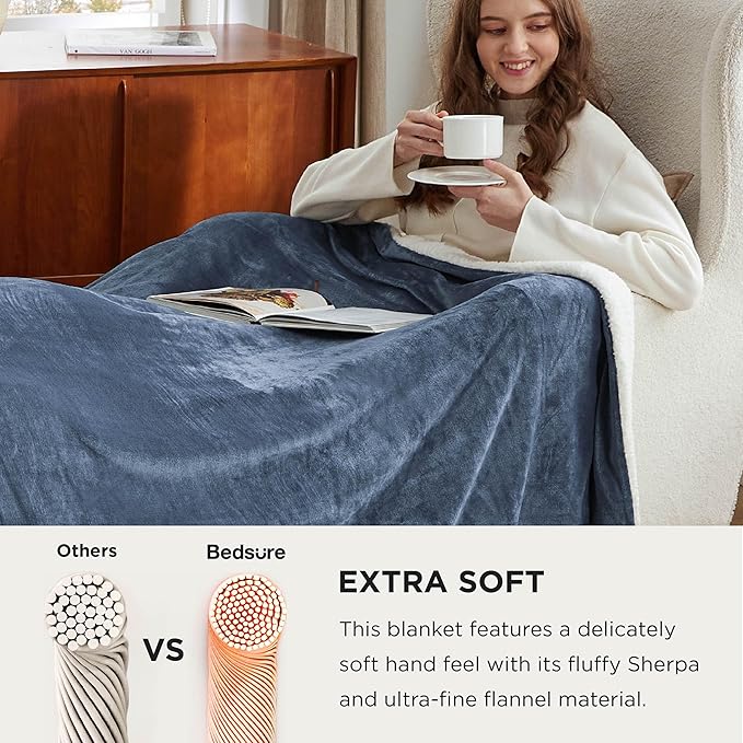Bedsure GentleSoft Sherpa Fleece Oversized Cal King Blankets for Bed - Thick and Warm Throw for Women and Men, Soft Fuzzy Plush Large Blanket for Winter, Slate Blue, 112x98 Inches