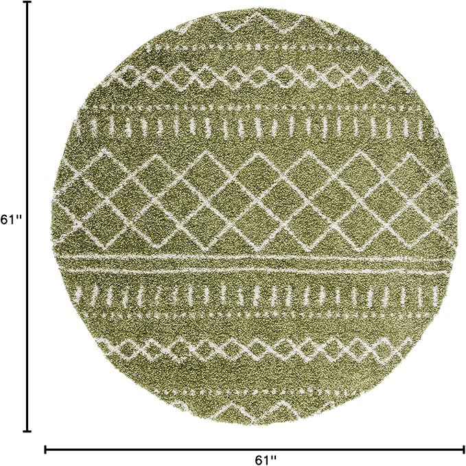 SAFAVIEH Arizona Shag Collection Area Rug - 5'1" Round, Green & Ivory, Moroccan Design, Non-Shedding & Easy Care, 1.6-inch Thick, Ideal for The Living Room, Dining, Bedroom (ASG741X)