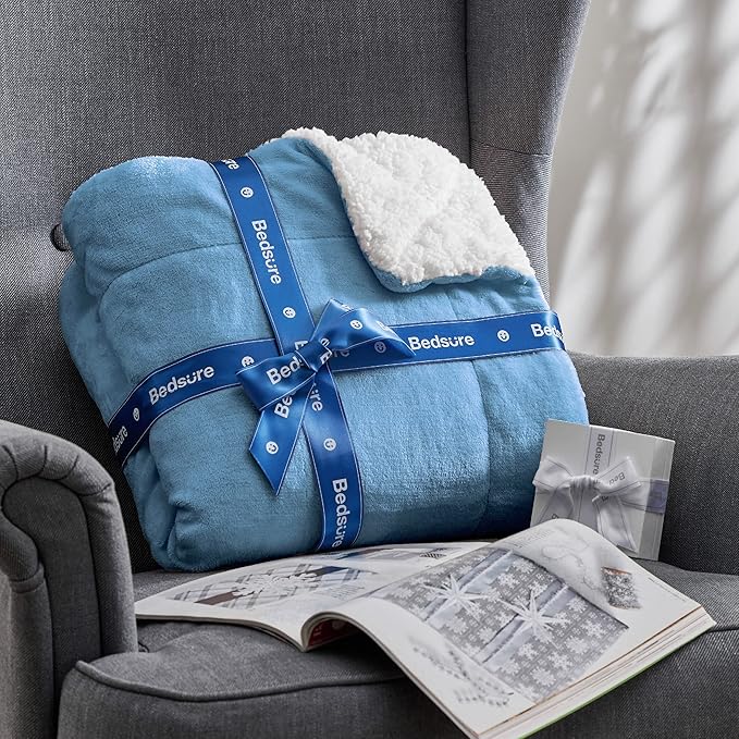 Bedsure GentleSoft Sherpa Fleece Throw Blanket Twin Size for Couch - Thick and Warm Throw for Women and Men, Soft Fuzzy Plush Twin Blanket for Winter, Washed Blue, 60x80 Inches