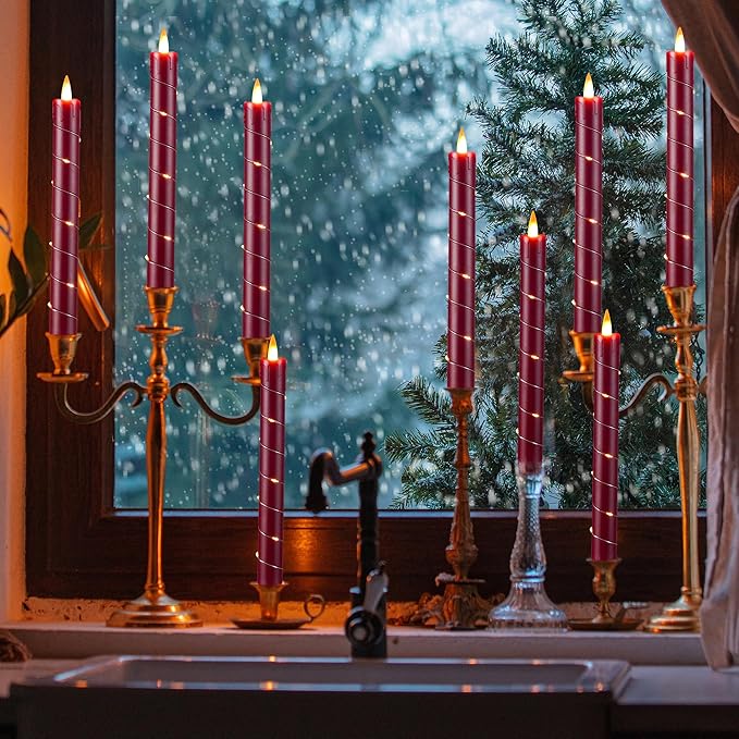 Da by 3 Pcs Flickering Flameless Battery Operated Taper Candle-Window Candles with Remote and Time-LED 3D Dynamic Flame-9.6 Inches for Wedding, Party,Home Decoration- Red