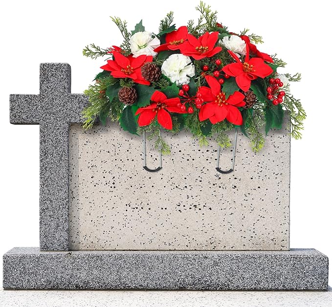 Christmas Cemetery Decorations for Grave Headstone Flower Saddle Artificial Flower Saddles Red Poinsettia Outdoor Memorial Headstone Realistic Bouquet(Red and White,Elegant Style)