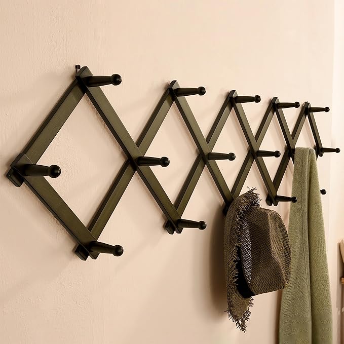 SKOLOO Accordion Wall Hanger with 16 Hooks, Modern Expandable Coat Rack Hat Rack for Wall, Solid Wooden, Dark Walnut Color