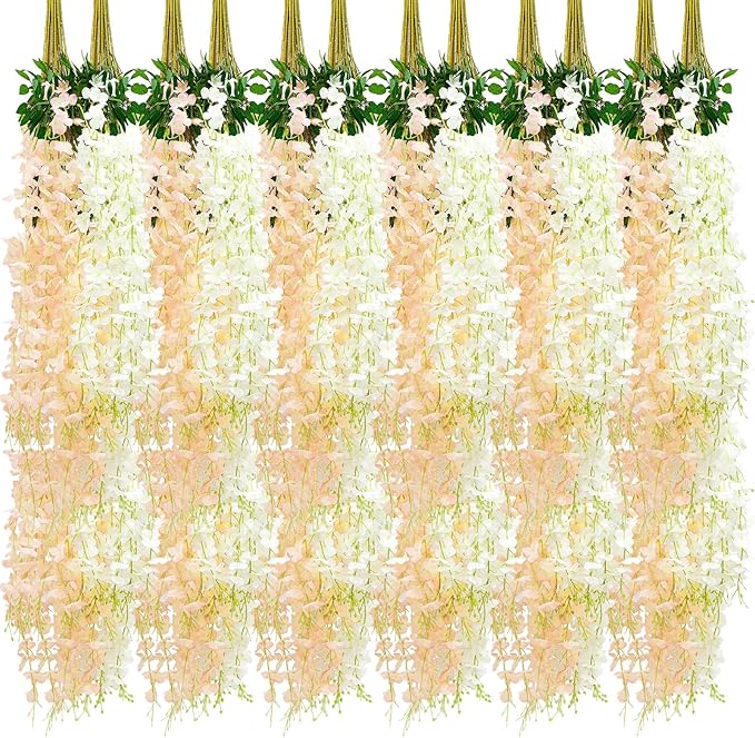 Giegxin 36 Pcs Artificial Wisteria Hanging Flowers 3.6 ft Artificial Fake Wisteria Vine Rattan Hanging Garland Silk Flowers String for Wall Home Wedding Party Greenery Decorations (Champagne,White)