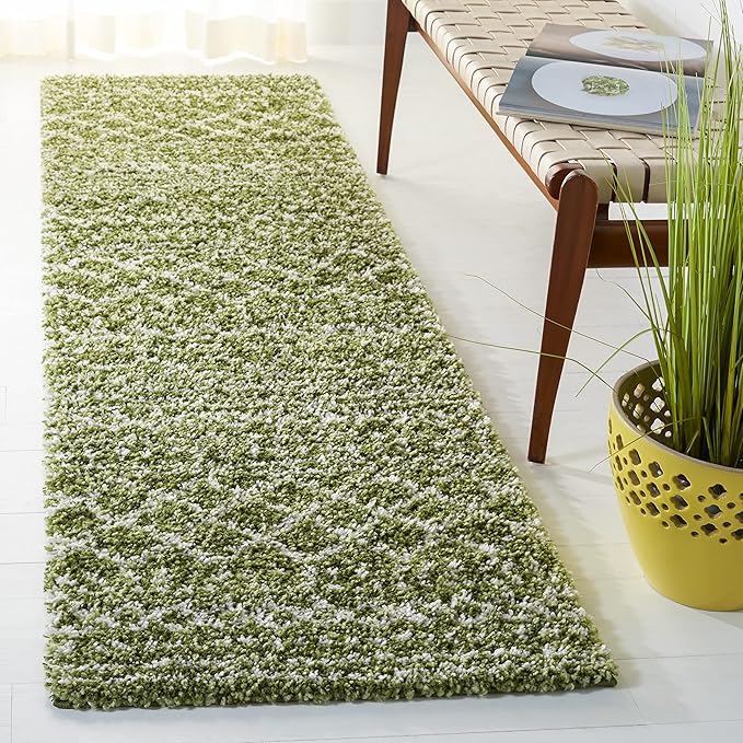 SAFAVIEH Arizona Shag Collection Runner - 2'3" x 12', Green & Ivory, Moroccan Design, Non-Shedding & Easy Care, 1.6-inch Thick, Ideal for The Living Room, Dining, Bedroom (ASG741X)
