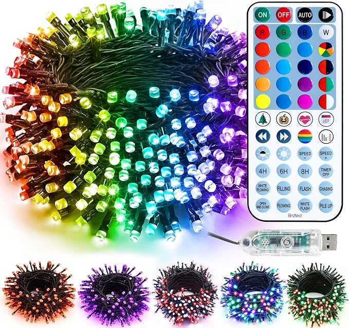 Brizled Color Changing Christmas Lights, 33ft 100 LED RGB Light String with Remote, Dimmable Mini Light String, USB Indoor Decorative Lighting Party Xmas Tree Wreath Year-Round Holiday
