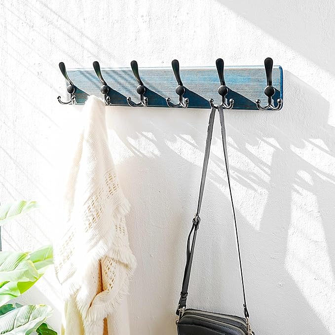 Dseap Coat Rack Wall Mounted - 24" Long 6 Tri Hooks, Heavy Duty Wooden Wall Coat Hanger Coat Hook for Clothes Hat Jacket Clothing, Weathered Blue and Black