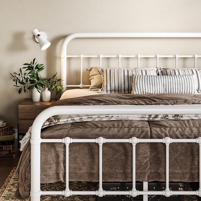Allewie King Size Metal Platform Bed Frame with Victorian Style Wrought Iron-Art Headboard/Footboard, No Box Spring Required，White