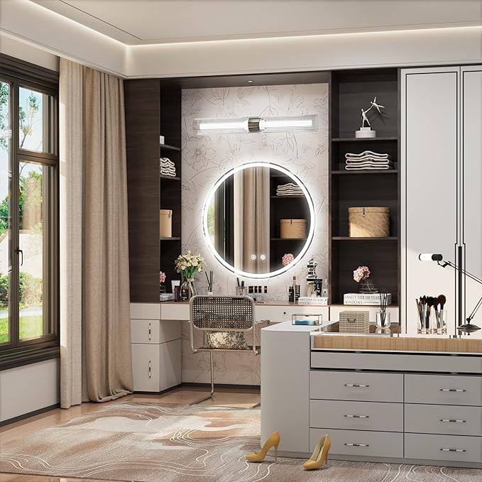24 Inch Round LED Bathroom Mirror,Front & Backlit Lighted Bathroom Vanity Mirror, 6000K, CRI 90+, Dimmable, Touch, Anti-Fog