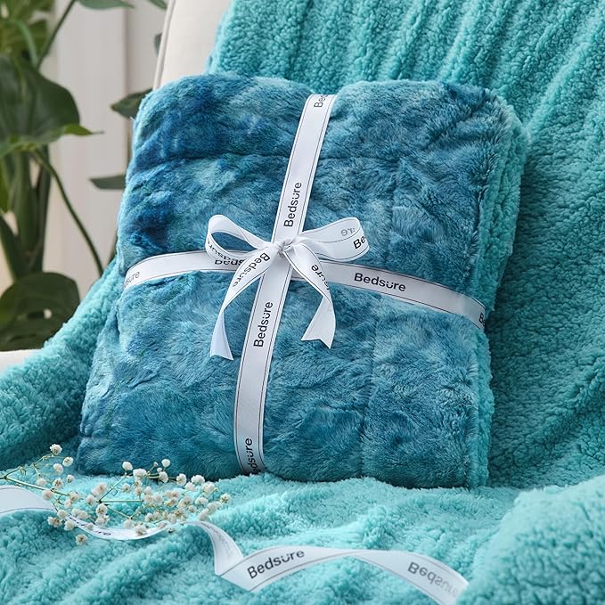 Bedsure GentleSoft Sherpa Fluffy Blanket Queen Size for Bed - Fleece Warm and Cozy for Women Gift, Plush & Fuzzy Faux Fur Christmas Blanket for Couch, Sofa Decor, Tie Dye Design, Teal, 90x90 Inches