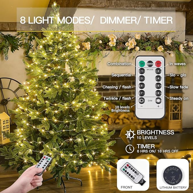 suddus Fairy Lights Battery Operated with Remote, 33ft 100 LED Dimmable Twinkle Lights with Timer, Waterproof Copper Wire String Lights for Bedroom, Christmas, Tree, Indoor Outdoor Decor (Warm White)