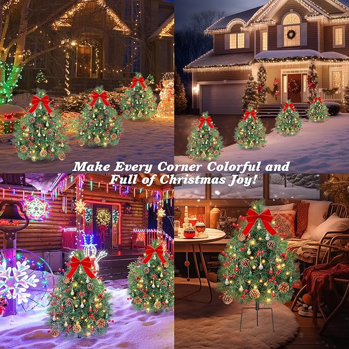 Lewondr Set of 2 Prelit Pathway Christmas Trees, 27.56" Outdoor Christmas Tree with 50 LED Lights, Pine Cones Red Berries, Battery Operated Outdoor Xmas Decor for Yard Home Porch, Green