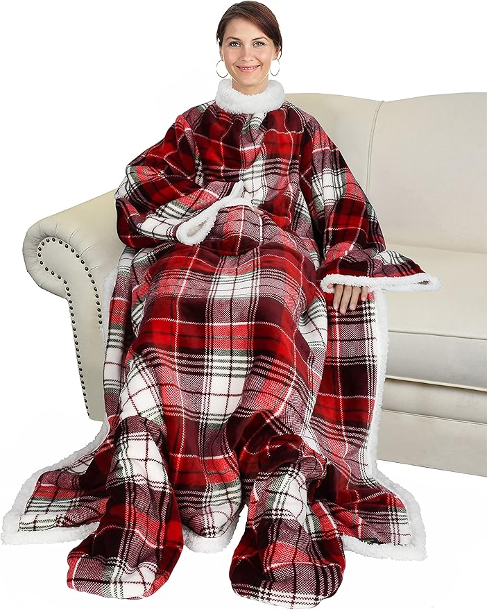 Catalonia Sherpa Wearable Blanket with Sleeves & Foot Pockets for Adult Women Men, Comfy Snuggly Wrap Sleeved Throw Blanket Robe, Gift Idea, Plaid