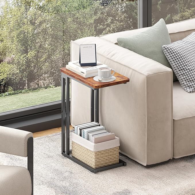 Yusong C Shaped End Table - Slide Under Sofa Couch Bed, Small Table for Small Spaces, Skinny Overbed, Coffee Drink Snack Table for Living Room, Rustic Brown