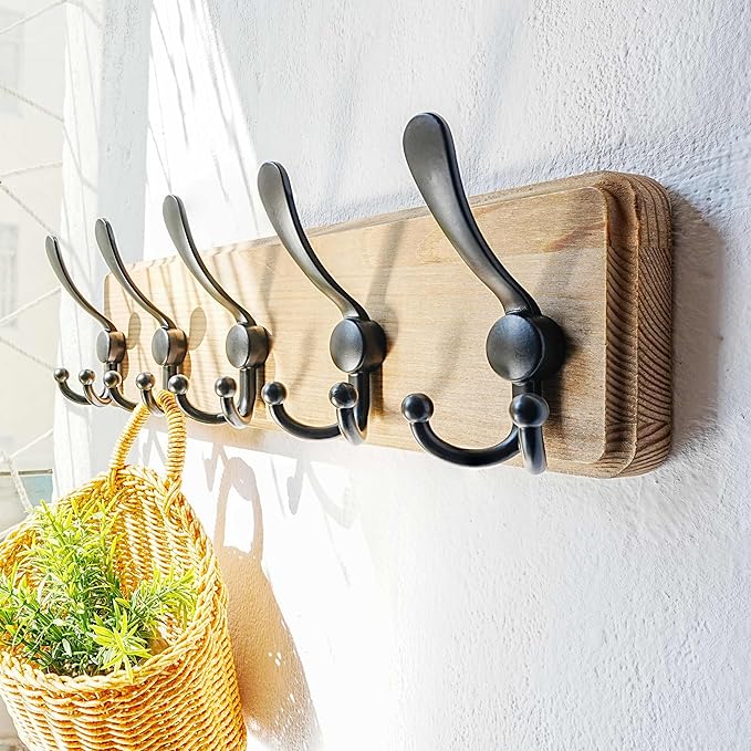 Dseap Coat Rack Wall Mount - Heavy-Duty Robust Barnwood-Style Wooden Wall Coat Hanger Hook Rail with 5 Triple Hooks for Winter Coats Hat Jacket Clothing, Weathered Brown & Black, Pack of 2