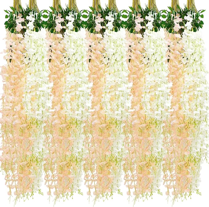 Giegxin 24 Pcs Artificial Wisteria Hanging Flowers 3.6 ft Artificial Fake Wisteria Vine Rattan Hanging Garland Silk Flowers String for Wall Home Wedding Party Greenery Decorations (Champagne,White)