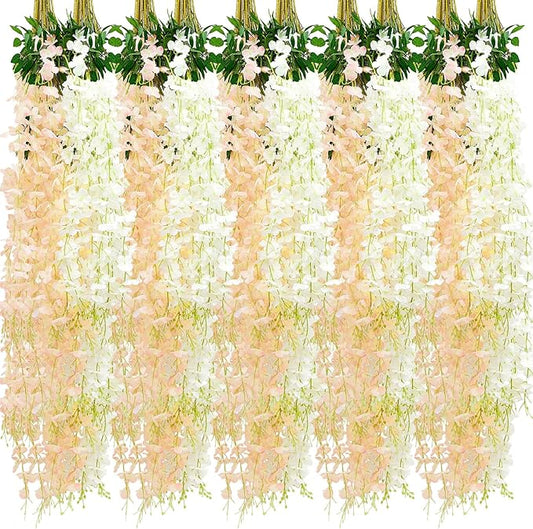 Giegxin 24 Pcs Artificial Wisteria Hanging Flowers 3.6 ft Artificial Fake Wisteria Vine Rattan Hanging Garland Silk Flowers String for Wall Home Wedding Party Greenery Decorations (Champagne,White)