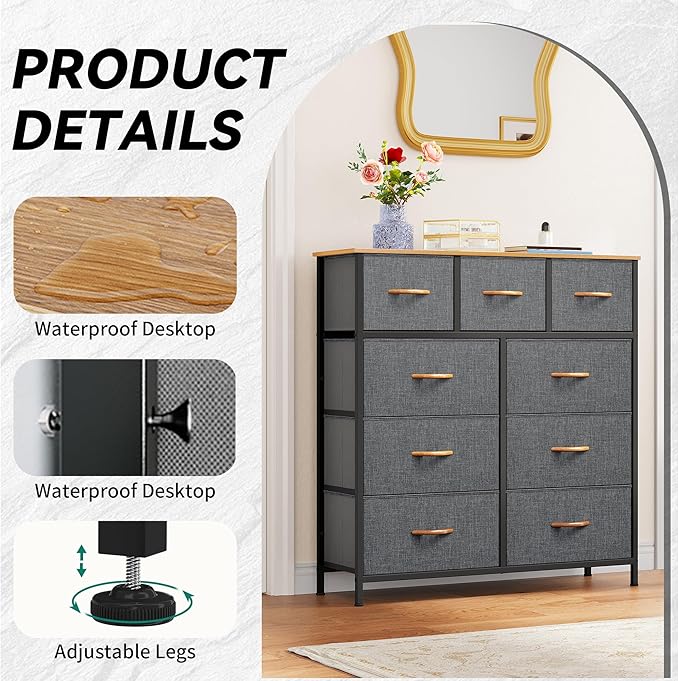 YITAHOME Dresser with 9 Drawers, Fabric Dresser for Bedroom, Living Room, Hallway, Closets (Dark Grey)