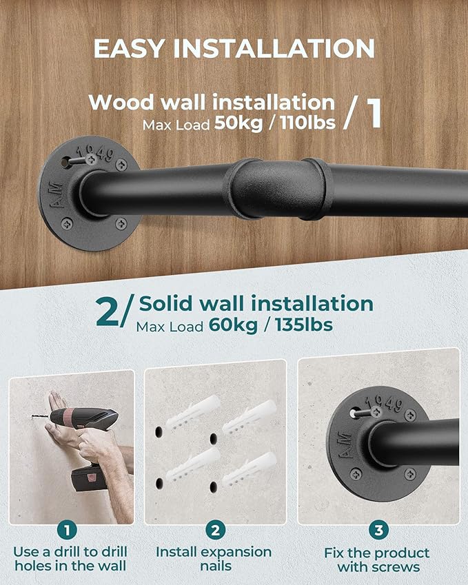 OROPY Industrial Pipe Clothing Rack 38.4", Heavy Duty Detachable Wall Mounted Clothes Rack Black Iron Garment Bar, Multi-purpose Hanging Rod for Closet Storage, Black (Two Base)
