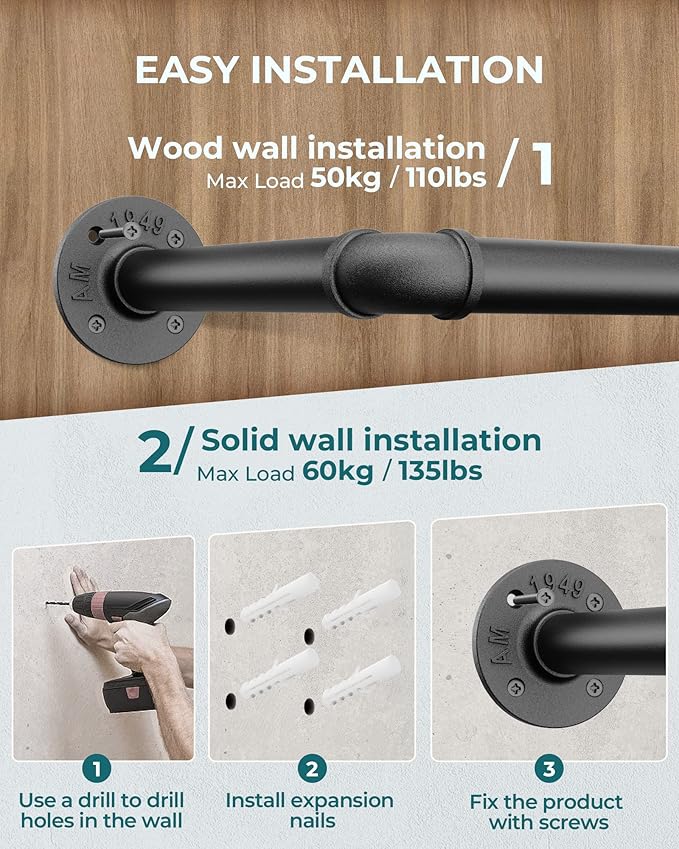 OROPY Industrial Pipe Clothes Rack Wall Mounted Set of 2, 38.4 inches Heavy Duty Iron Pipe Clothing Garment Rail, Multi-Purpose Clothing Hanging Rod for Laundry Room and Closet Storage