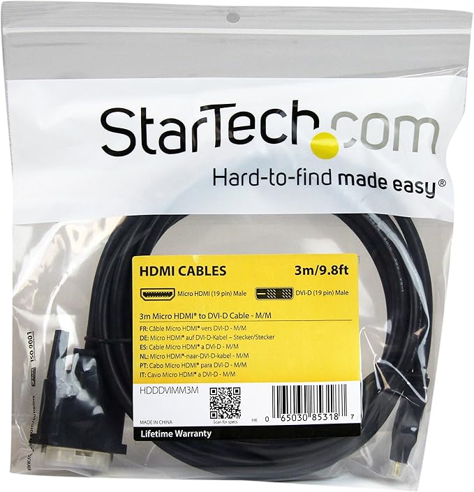 StarTech.com 3m Micro HDMI to DVI-D Cable - M/M - 3 meter Micro HDMI to DVI Cable - 19 pin HDMI (D) Male to DVI-D Male - 1920x1200 Video (HDDDVIMM3M), Black, 10 ft / 3m