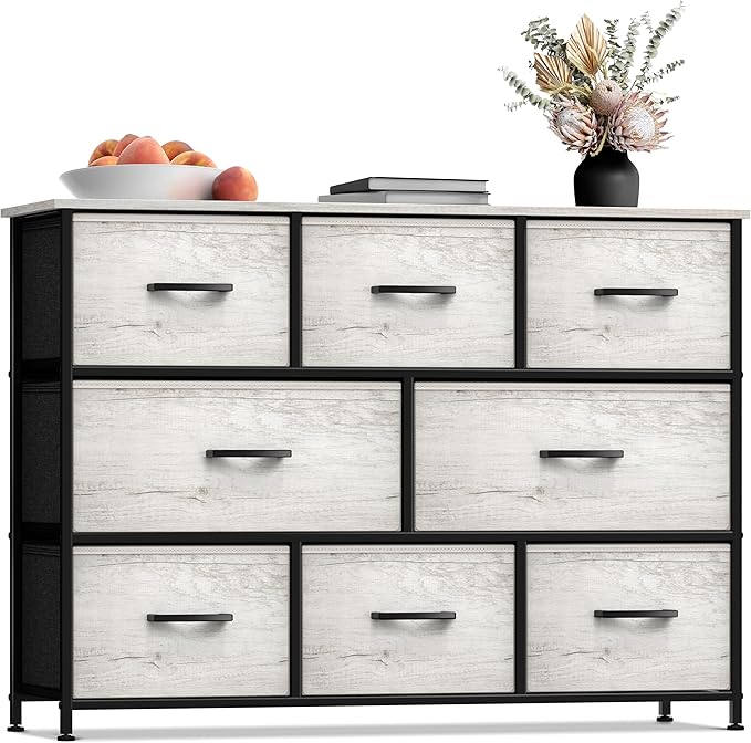 Sorbus Dresser with 8 Faux Wood Drawers - Chest Organizer Unit with Steel Frame Wood Top & Handle Easy Pull Fabric Bins for Clothes - Wide Storage Furniture for Bedroom Hallway, Living Room & Closet