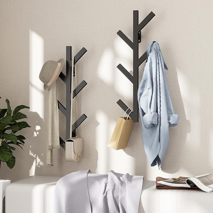 Vlush Wall Mounted Metal Coat Rack with 6 Hooks Modern Minimalist clothes rack, Upright Coat Rack for Hanging Clothes, Hats, Hanging Bags and Scarves Entrance Wall Iron Coat Racks (Black)