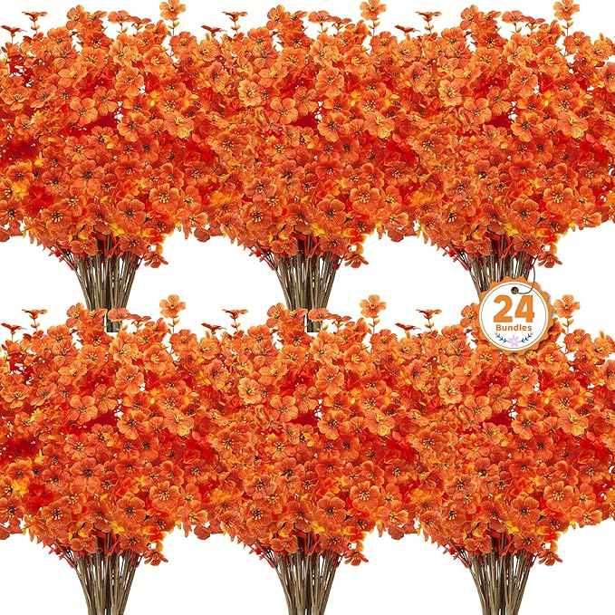 Ouddy Decor 24 Bundles Artificial Fall Flowers for Outdoors, Fake Mums Silk Flowers UV Resistant Faux Plastic Plants for Garden Porch Farmhouse Fall Autumn Harvest Thanksgiving Home Decor, Orange