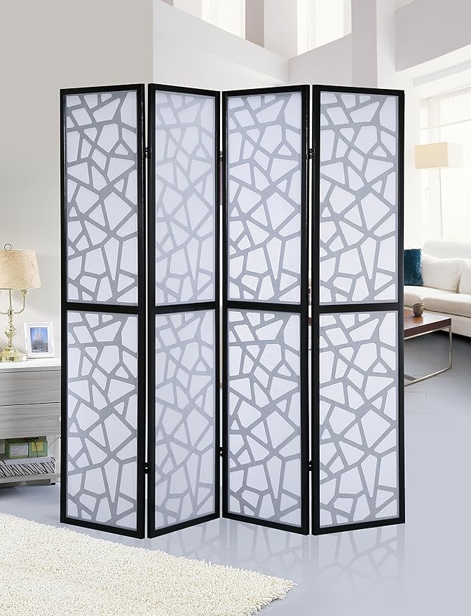 Roundhill Furniture Giyano 4 Panel Screen Room Divider, 70"W x 70"H, Black