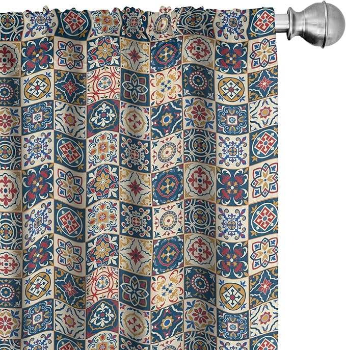 Ambesonne Moroccan Window Curtains, Portuguese Azulejo Checkered Squares Colorful Pattern Floral Arrangement, Lightweight Decor 2-Panel Set with Rod Pocket, Pair of - 28" x 84", Dark Blue Amber Red