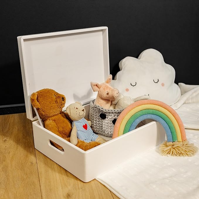 XL White Wooden Box Storage with Hinged Lid | 15.8x11.8x5.5in (+-0.5) | with Handles | Gift Box for Tool Dog Toy Shoes Clothes Kitchen Storage | Wood Keepsake Chest