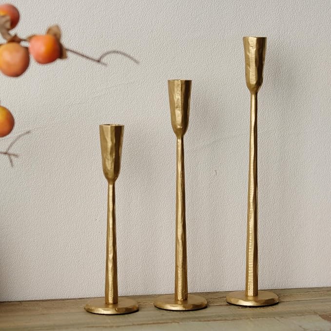 Gold Iron Taper Candle Holder Set of 3, Heavy Wrought Iron Candlestick Holders Decorative Candle Stand, Vintage Candle Holder for Wedding, Dining, Home Decoration