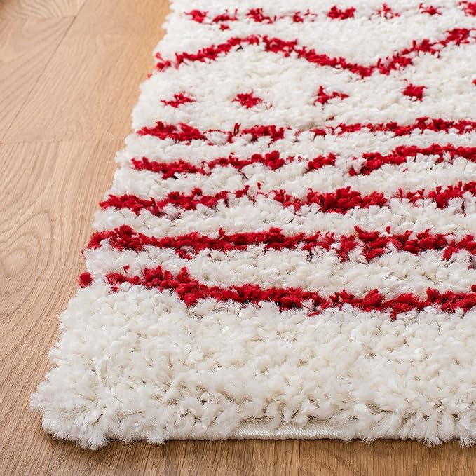 SAFAVIEH Arizona Shag Collection Area Rug - 9' x 12', Ivory & Red, Moroccan Design, Non-Shedding & Easy Care, 1.6-inch Thick Ideal for High Traffic Areas in Living Room, Bedroom (ASG741P)