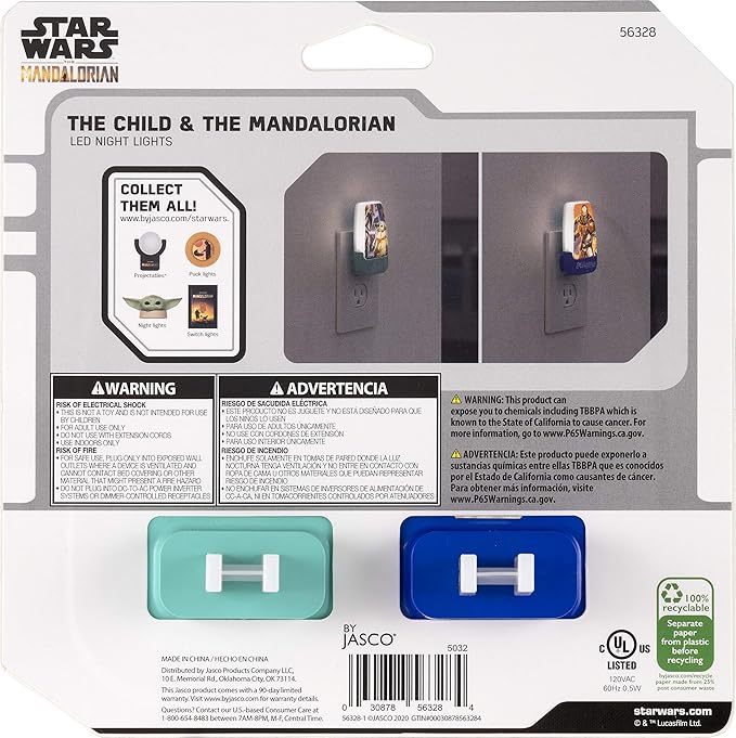 STAR WARS LED Night Light, Baby Yoda & The Mandalorian, Plug-in, Dusk to Dawn Sensor, Grogu, UL-Certified, Cute Nightlight for Kids, Bedroom, Bathroom, Hallway, Game Room, Gifts, 2 Pack, 56328