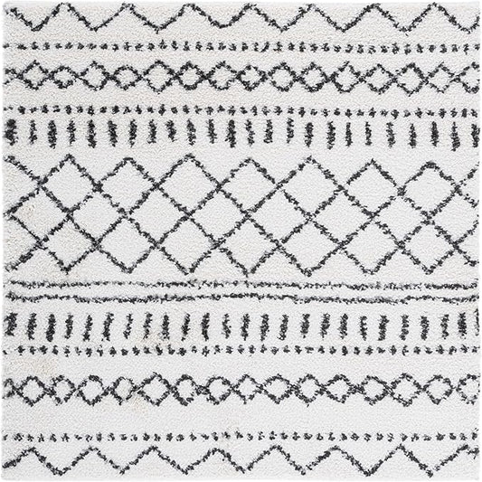 SAFAVIEH Arizona Shag Collection Area Rug - 5'1" Square, Ivory & Black, Moroccan Design, Non-Shedding, 1.6-inch Thick, Ideal for High Traffic Areas in Living Room, Bedroom (ASG741Z-5SQ)