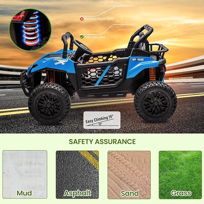 24V 2 Seater Ride On Car Truck, Power Wheels Kids UTV w/Parent Remote Control, 3.1 MPH Max Speed, Music Player, LED Lights & Storage, Electric Vehicle Ride On Toy for Kids Toddler Ages 3-8, Blue