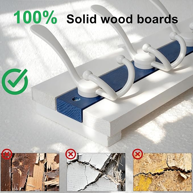 SKOLOO Coastal Wall Mounted Coat Rack - 17" Beach House Entryway Wooden Coat Hook with 5 Hooks for Hanging Coats, Hats or Towels, Oceanfront Cottage Core Collection, White & Blue, Pack of 2