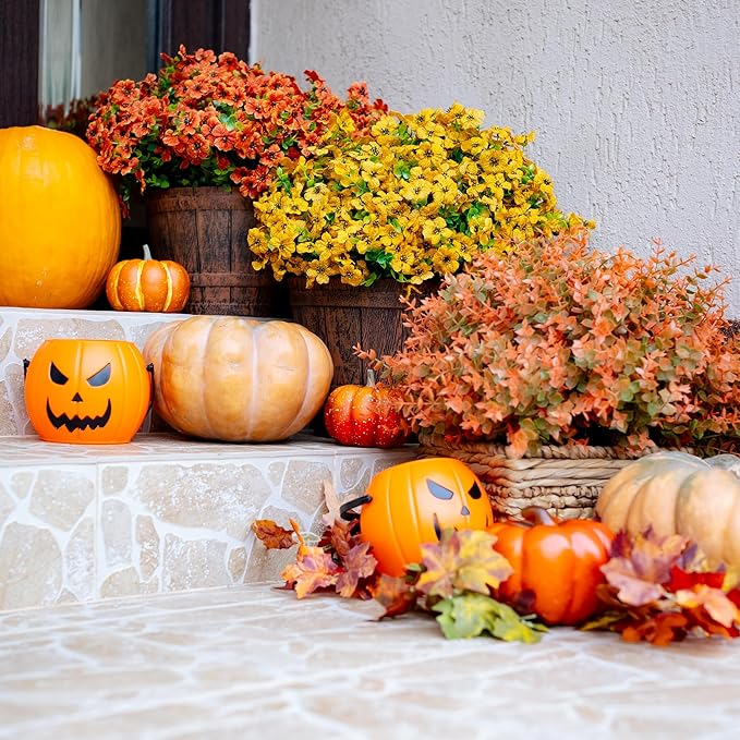 Artificial Fall Flowers for Outdoors Fake Mums - 16 Bundles Faux Plants Outside Greenery Boxwood No Fade Plastic Shrubs Decor Farmhouse Home Garden Thanksgiving (Yellow)