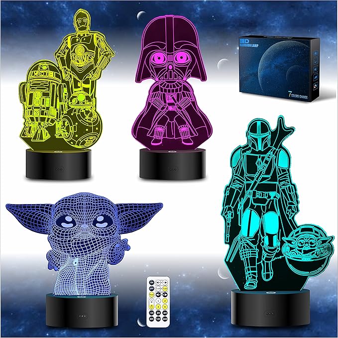 MOSSOM 3D Illusion Star Wars Night Light, 4 Pattern with Timing Function - LED Night Lamp, Christmas & Birthday Gift for Star Wars Fans