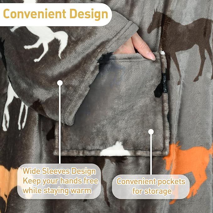 Catalonia Wearable Fleece Blanket with Sleeves and Foot Pockets for Adult Women Men, Micro Plush Comfy Wrap Sleeved Throw Blanket Robe Large, Taupe Horse