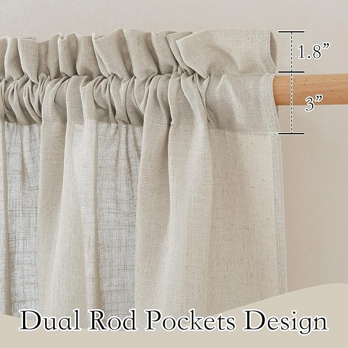 RYB HOME Linen Woven Curtains 36 Inch Length, Flax Linen Blend Small Drapes Soften Sunlight Thermal Curtains for Farmhouse, Cafe, RV, Bus, Office, W 52 x L 36 inches, Angora, 2 Pack
